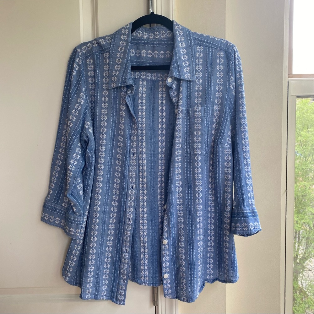 Blue button down with embroidered flowers